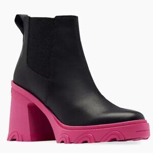 NEW Sorel Brex Leather High-Heel Chelsea Boots Size 8.5 Black Cactus Pink